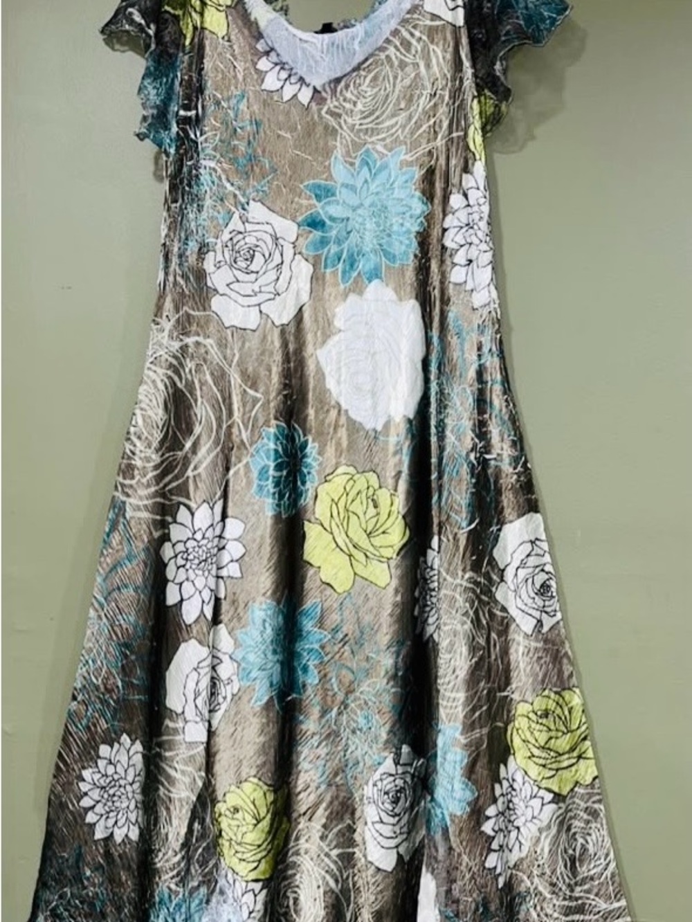 Komarov Multicolor Floral A-Line Dress in Teal, Lime & White